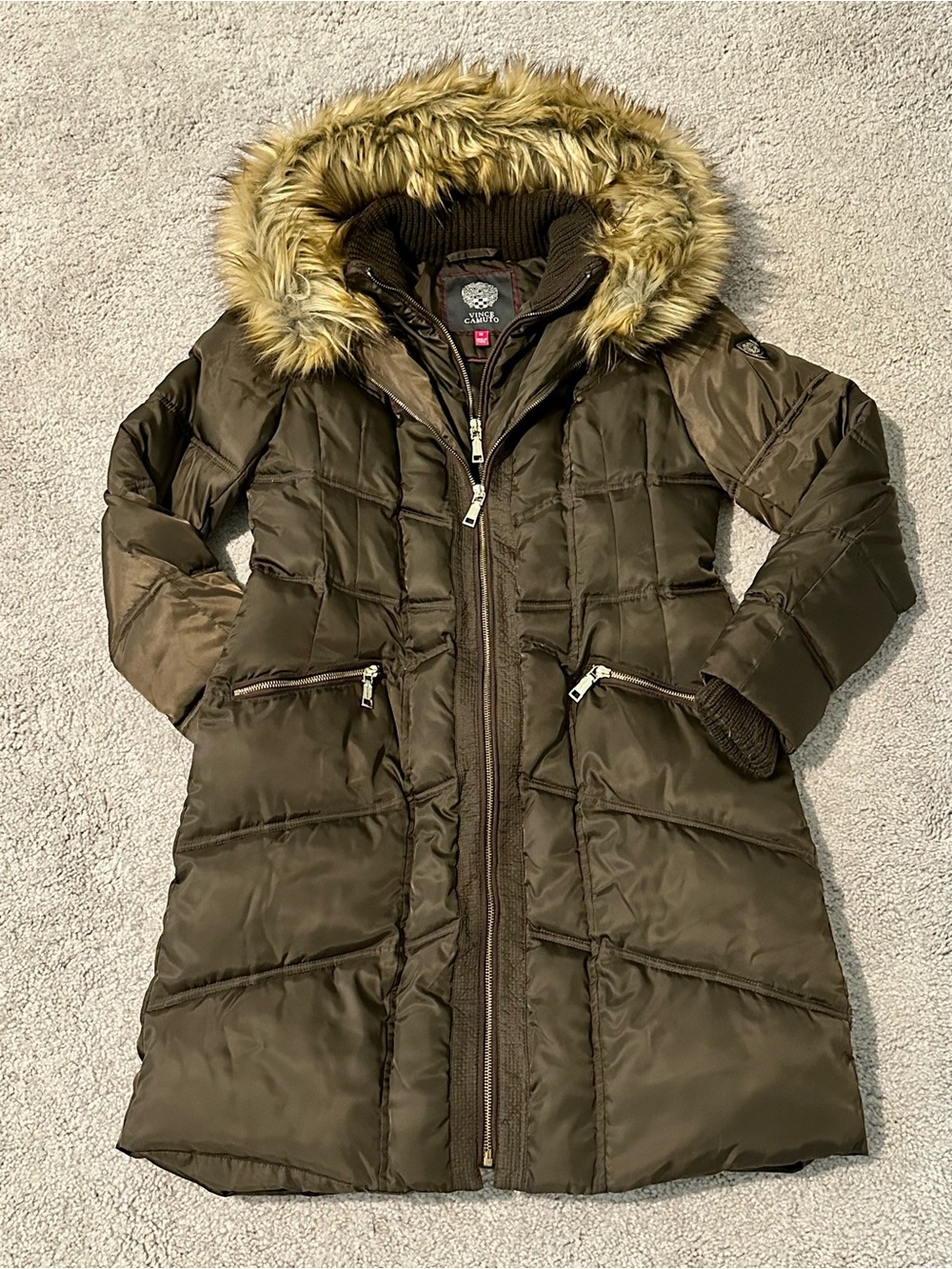Vince Camuto Olive Faux-Fur Trim Quilted Puffer Coat